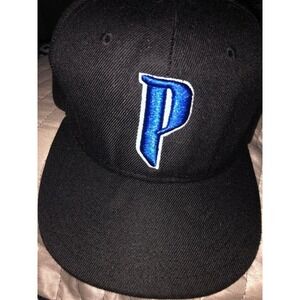 Black structured 5 panel Baseball‎ cap Blue embroidered puffy P